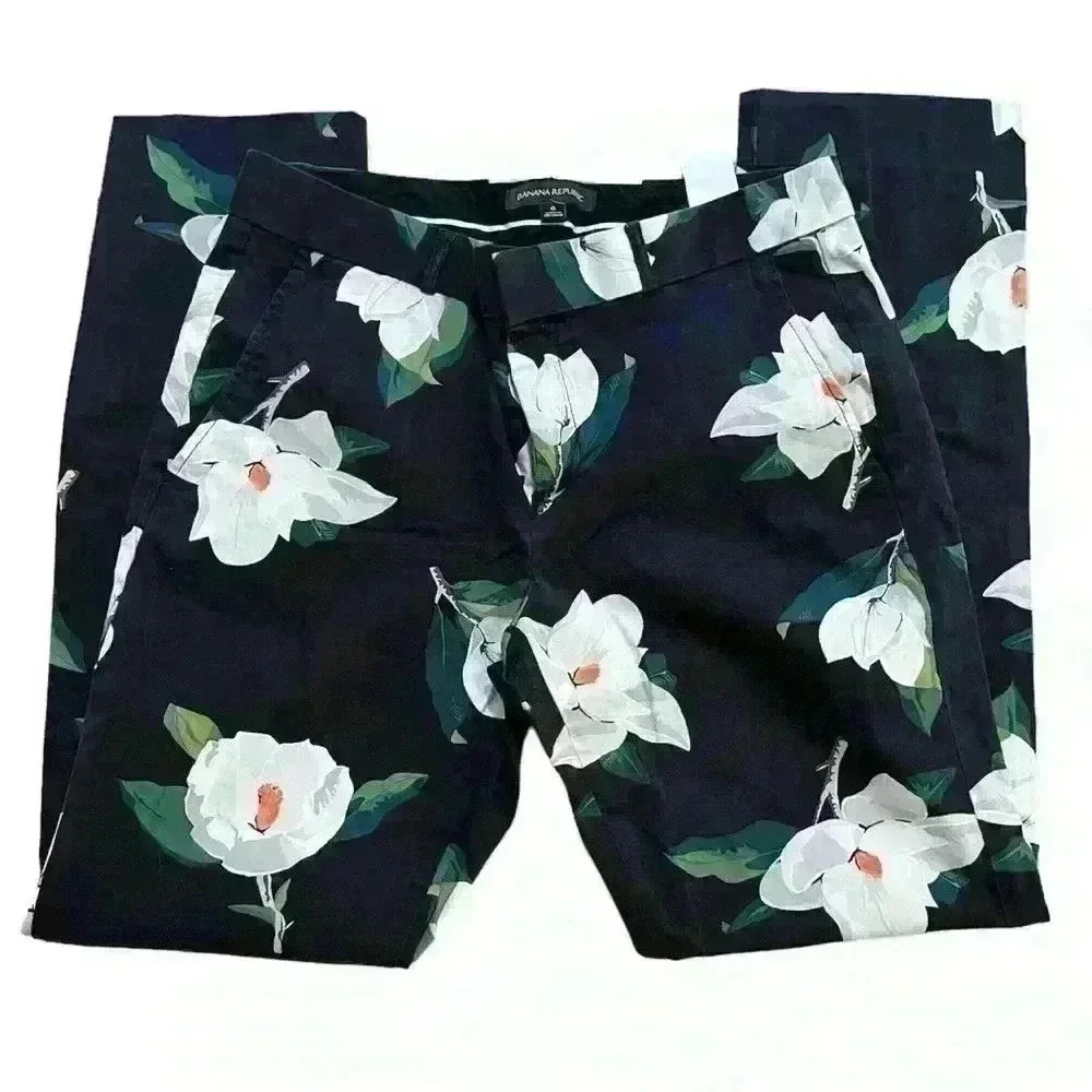 Banana Republic Black White Floral Ryan Fit Straight Dress Pants Size 6